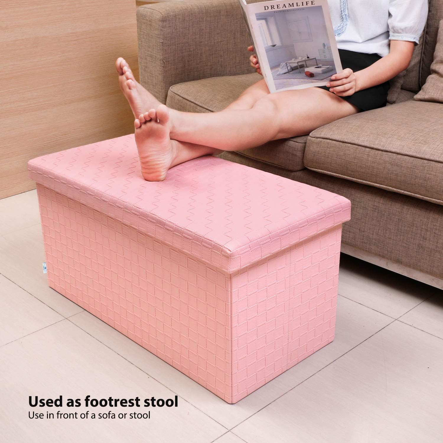 B FSOBEIIALEO Folding Storage Ottoman, Faux Leather Footrest Stool Long Bench, Pink 30"x15"x15": Furniture & Decor
