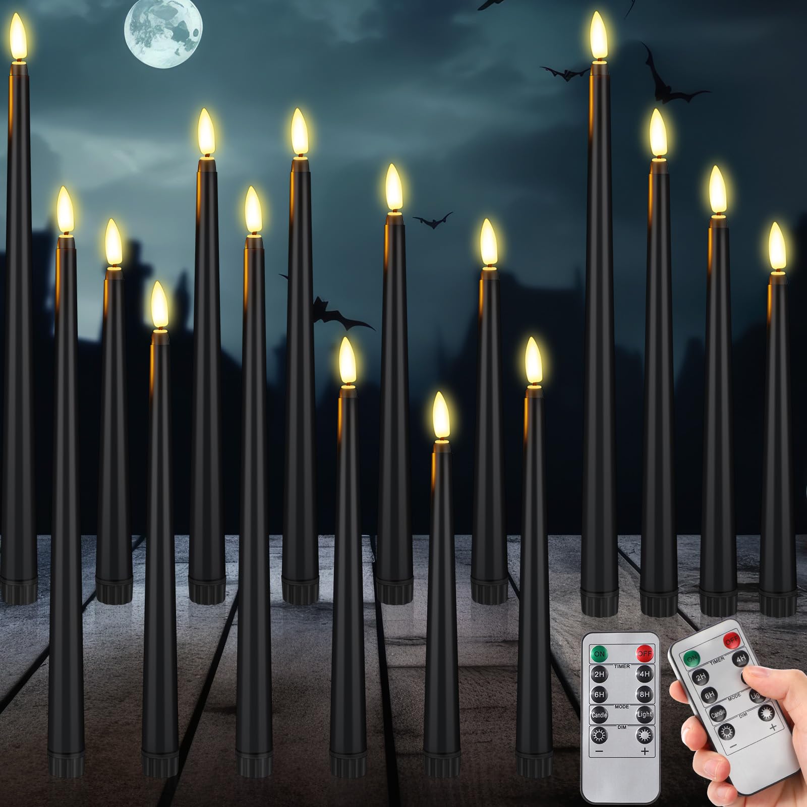 Photo 1 of Rossesay 16 Pcs Flameless Taper Candles with Remote Timer Halloween Gothic Candles Decor 8.5" 9.6" 10.8" 12.8" LED Battery Operated Flameless Flickering Candlesticks for Halloween Wedding(Black)