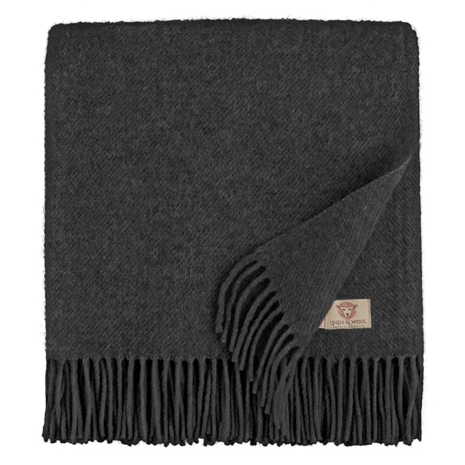 Linen & Cotton Weiche Warme Decke Wolldecke Wohndecke Kuscheldecke Columbus - 100% Reine Neuseeland Wolle, Anthrazit/Grau (14