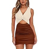 MISSJOY Women's Sleeveless Deep V Neck Cutout Twist Front Ribbed Ruched Bodycon Club Party Mini Dresses