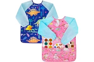 Bassion 2 Pack Smocks for Kids, Toddler Art Smock Artist Painting Aprons Waterproof Long Sleeve with 3 Pockets for Age 2-6 Years, Green