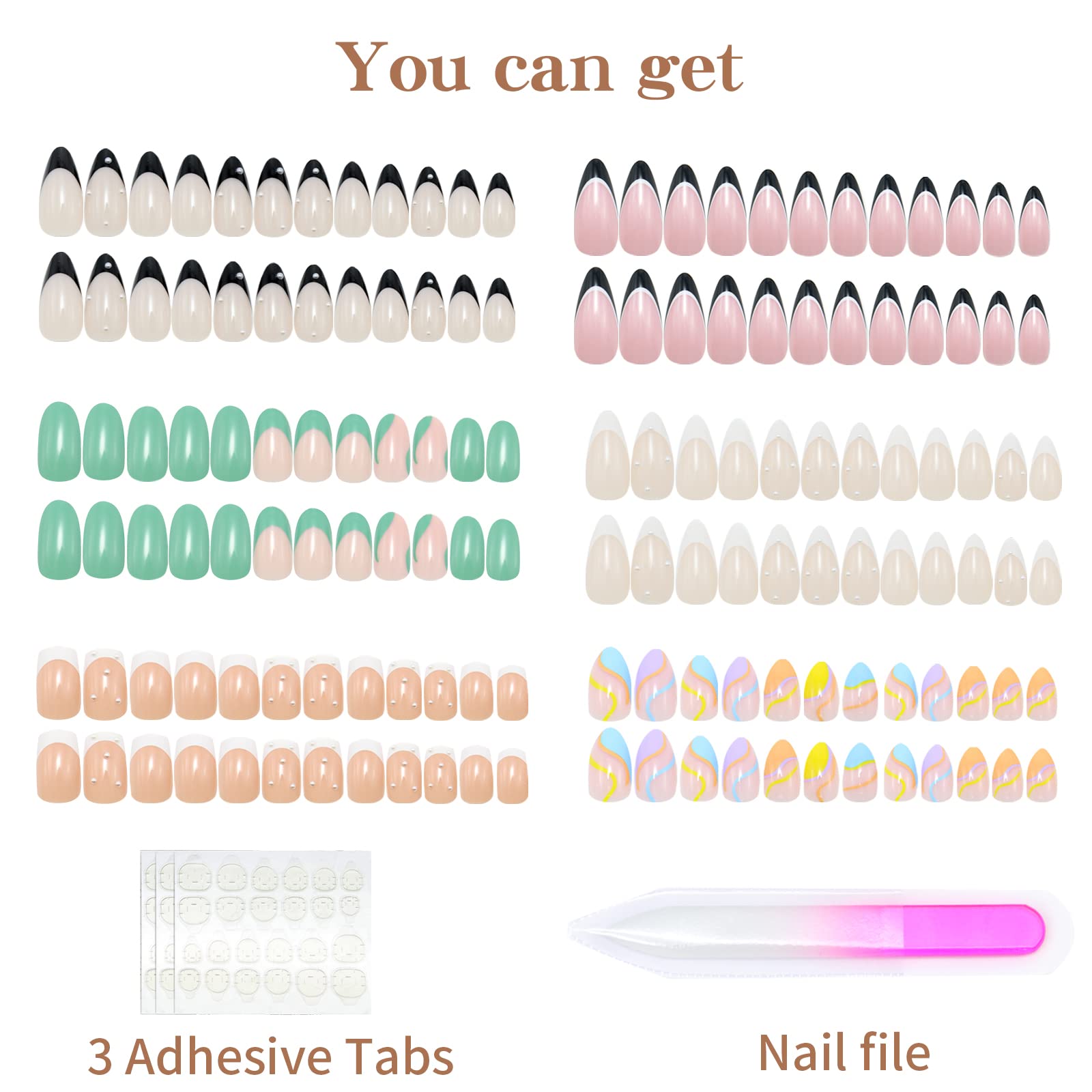 6 Packs (144 Pcs) Press on Nails Medium, Misssix Short Fake Nails Glue on Nails Almond and Square Set with Adhesive Tabs Nail File for Women - Image 2