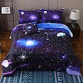 JQinHome Twin Galaxy Comforter Sets 6 Piece Bed in A Bag, Outer Space Themed Bedding for Children Boy Girl Teen Kids,1 Comforter, 1 Flat Sheet, 1 Fitted Sheet, 2 Pillowshams, 1 Cushion Cover(Purple)