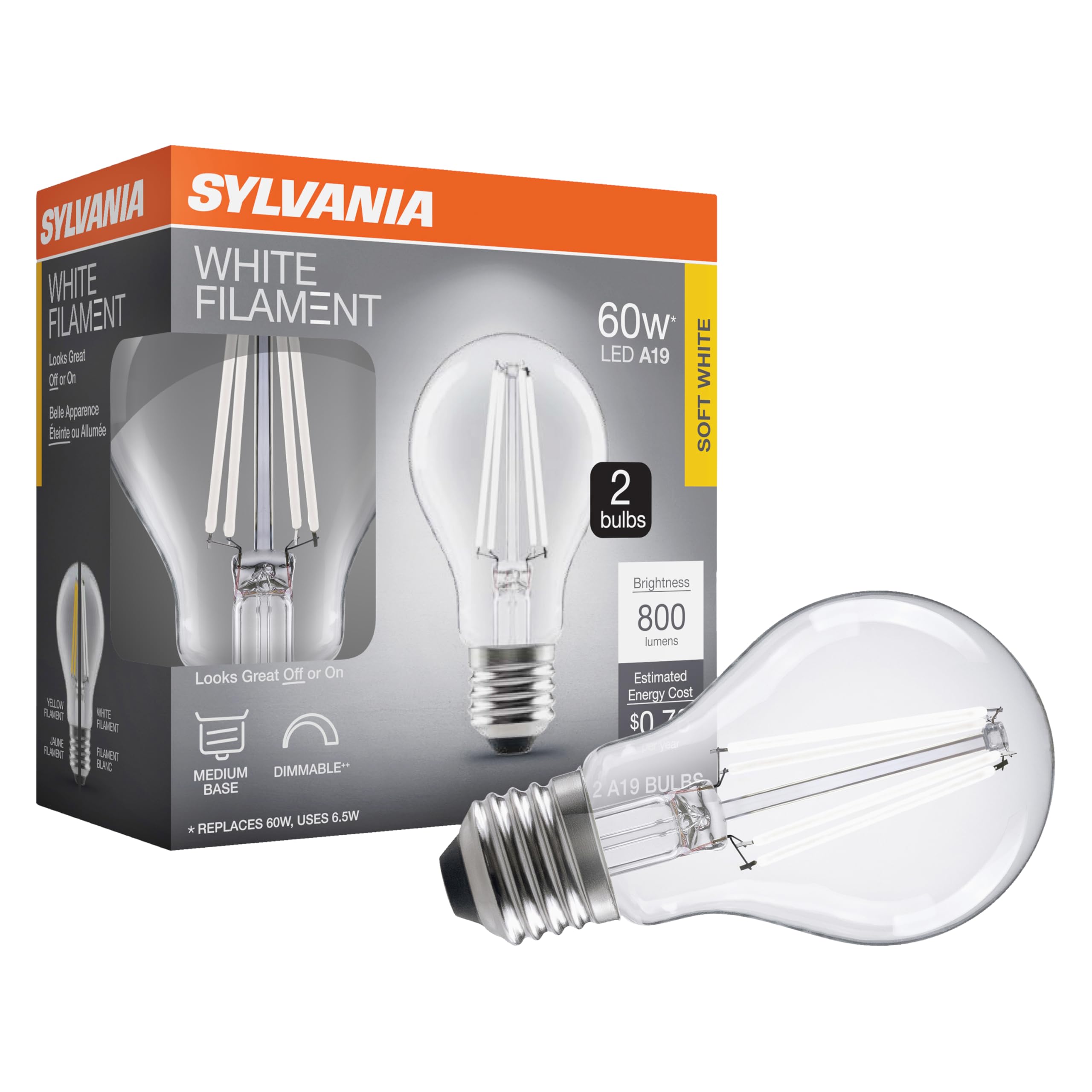 Photo 1 of Sylvania A19 Clear LED White Filament Bulb, 6.5W, Dimmable, 800 LMS, Medium Base, 2700K, Soft White - 2 Pack (42170)