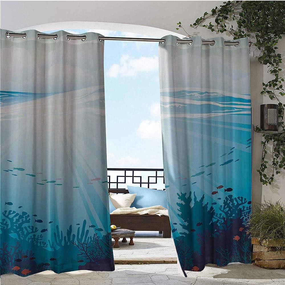 GUUVOR Balcony Curtains, Ocean Decor with Fish Aquarium Image Coral Reef and Waves Artwork Print, Outdoor Patio Curtains Waterproof with Grommets W96 x L84 Inch Teal Turqoise and Blue