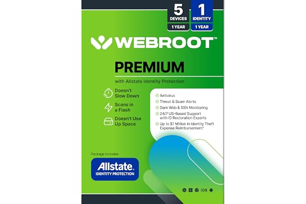 Webroot Premium 2026 with Allstate Identity Protection | 5 Device, 1 Year | Antivirus and Internet Security Software, Advanced Dark Web Monitoring, Password Manager | Packaged Version