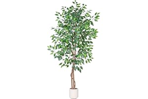 VIVATREES 6FT Artificial Ficus Tree with White Planter, Realistic Faux Silk Indoor Outdoor Plant for Home Office Living Room, Porch, Garden Decor