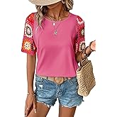 SHEWIN Womens Crochet Floral Print Tops Casual Short Sleeve T Shirts Crewneck Boho Beach Vacation Clothes