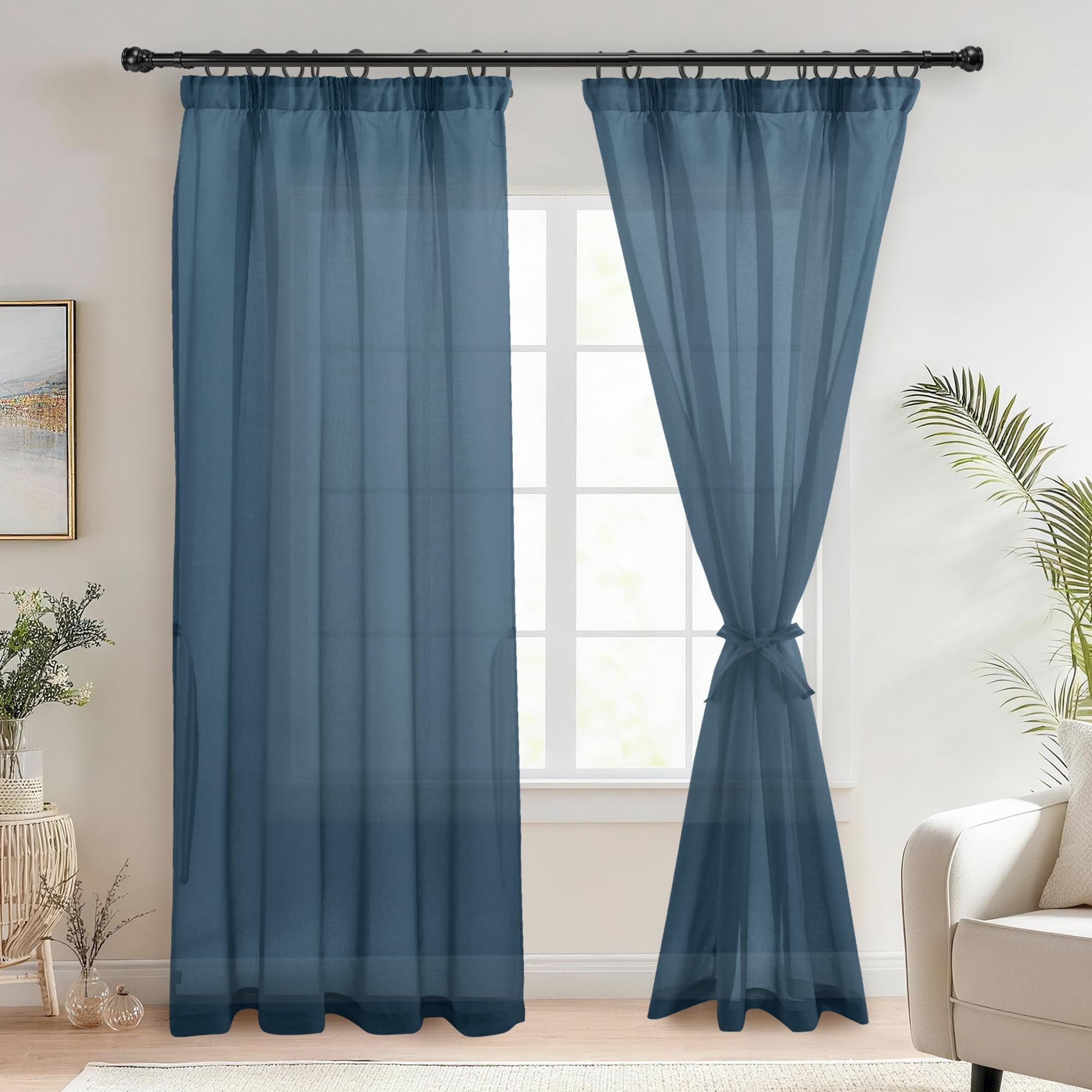 DWCN Sheer Curtains with Tiebacks Net Curtains 90 drop Pencil Pleat Curtains for Living Room 2 Panels, Blue, W46 x L90 Inch