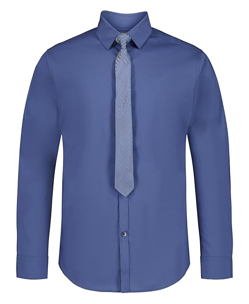 Van Heusen Boys' Long Sleeve Collared Button-Down Dress Shirt and Tie Set, Medium Blue