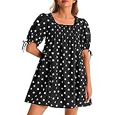 Wenrine Womens Babydoll Mini Dresses Casual Polka Dot Short Sleeve Square Neck Oversized Cute Summer Dress with Pockets