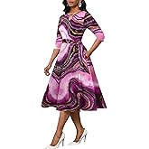 CLOCOR Midi Dresses for Women Casual A-Line Fit and Flare Dress Crewneck 3/4 Sleeve Keyhole Cocktail Party Church Dress