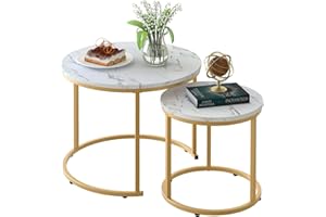 aboxoo Coffee Table Nesting White Set of 2 Side Set Golden Frame Circular Round and Marble Pattern Wooden Tables, Living Room