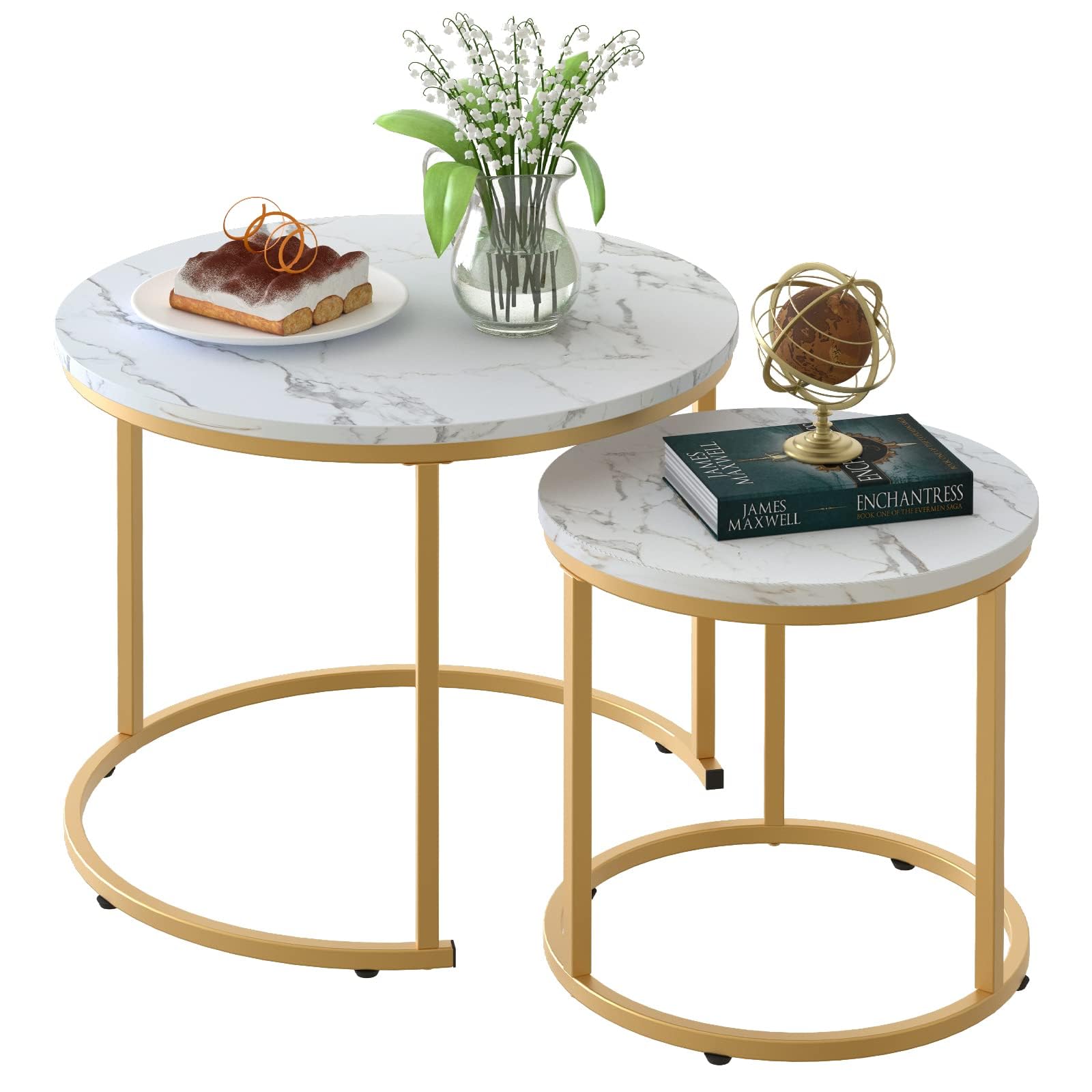 aboxoo Coffee Table Nesting White Set of 2 Side Set Golden Frame Circular Round and Marble Pattern Wooden Tables, Living Room Bedroom Apartment Modern Industrial Simple Nightstand Image