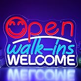 Open Walk Ins Welcome Neon Sign for Wall Decor Dimmable Open LED Signs for Business Shop Business Sign for Hotel Store Restaurant Cafe Bar Wall Decor Smile Face Welcome Signs Size 13.8*10in(GLNP340)