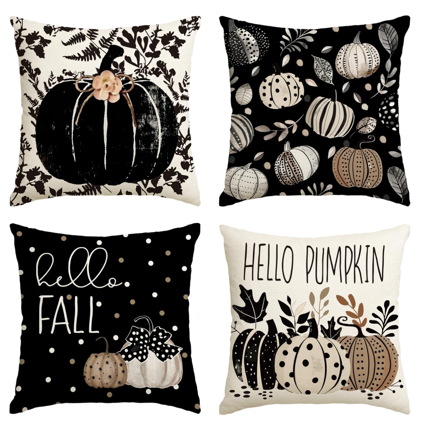 Photo 1 of ***SIMILAR ITEM***AVOIN colorlife Fall Hello Pumpkin Leaves Throw Pillow Covers, 16 x 16 Inch Autumn Thanksgiving Harvest Polka Dot Black Decorations for Sofa Couch Set of 4