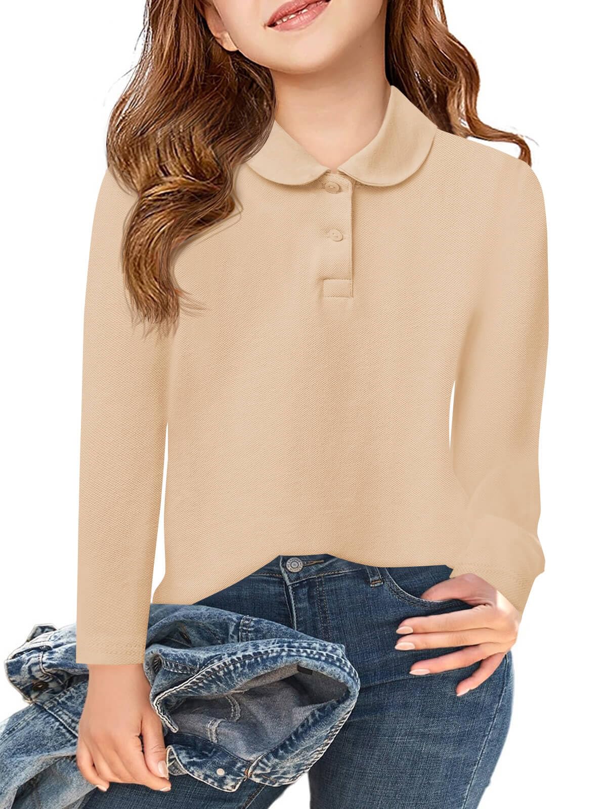 Photo 1 of Haloumoning Girls Long Sleeve Polo Shirts Kids Peter Pan Collar School Uniform Shirts Cute Tops 5-14Y Beige