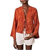 Floerns Women's Graphic Boho Tie Front Blouse Top Deep V Neck Bell Sleeve Casual Shirts