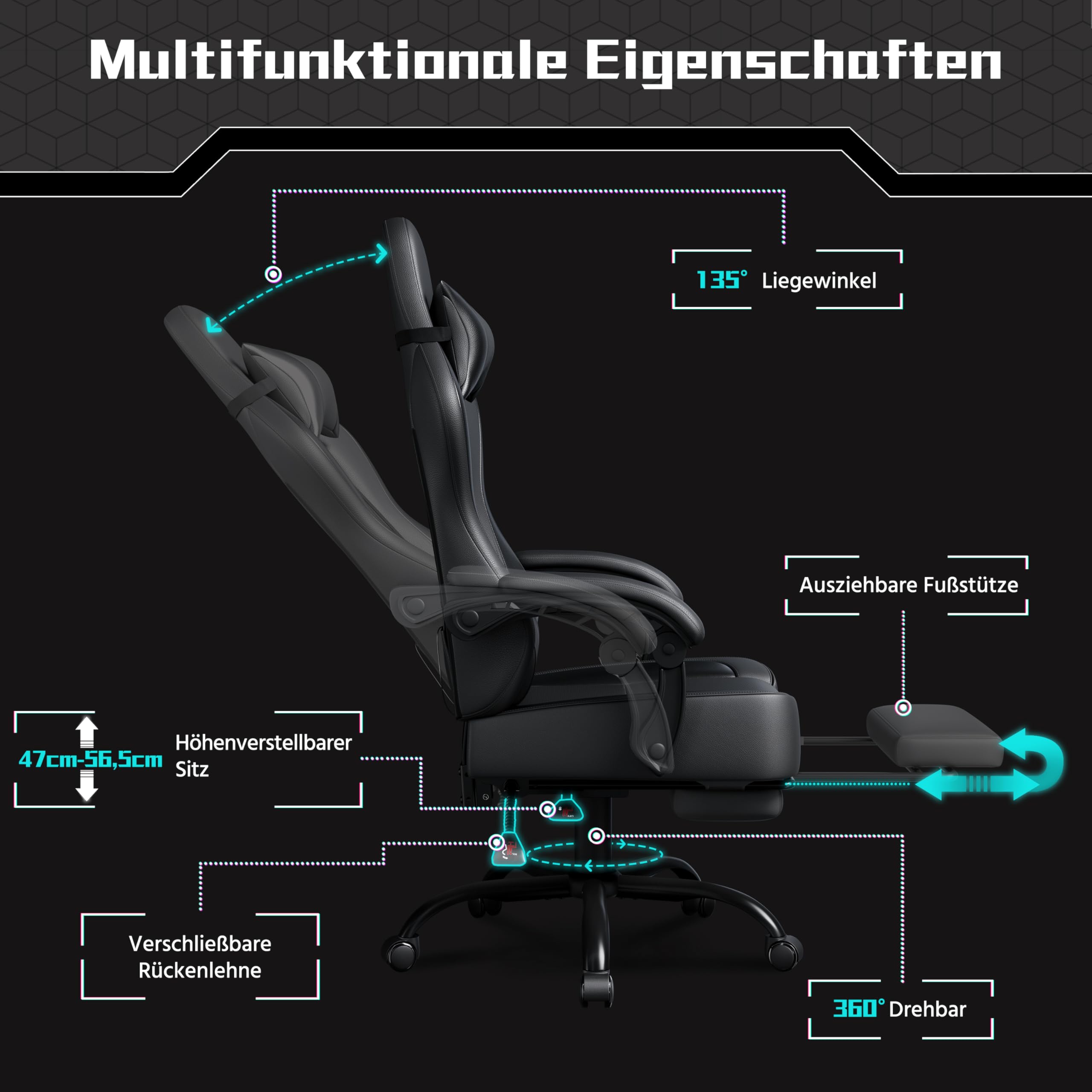 Yaheetech Gaming Stuhl, Ergonomischer Gaming-Stuhl mit Massagefunktion & Ausziehbarer Fußstütze, Verstellbare Rückenlehne, Höhenverstellbar, PC-Stuhl Computerstuhl Drehsessel (Schwarz) 6