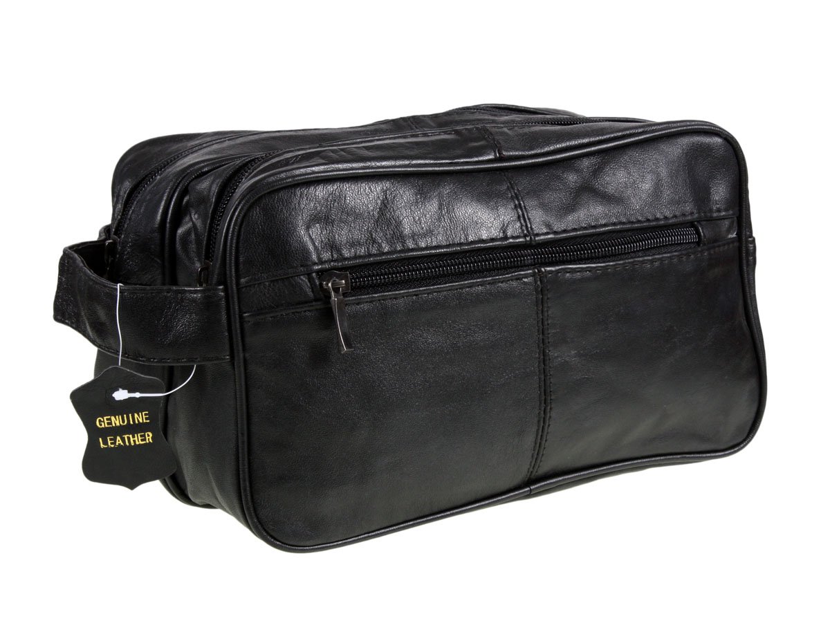 Men's Black Leather Washbag Travel Wash Bag with 2 compartments and handle