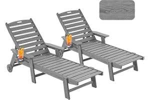 Serique Chaise Lounge Chair Outdoor with Wheels, Oversize Patio Lounge Chairs with Wood Texture, 5-Position Plastic Lounge Chairs Set of 2-Grey(Separate Delivery)
