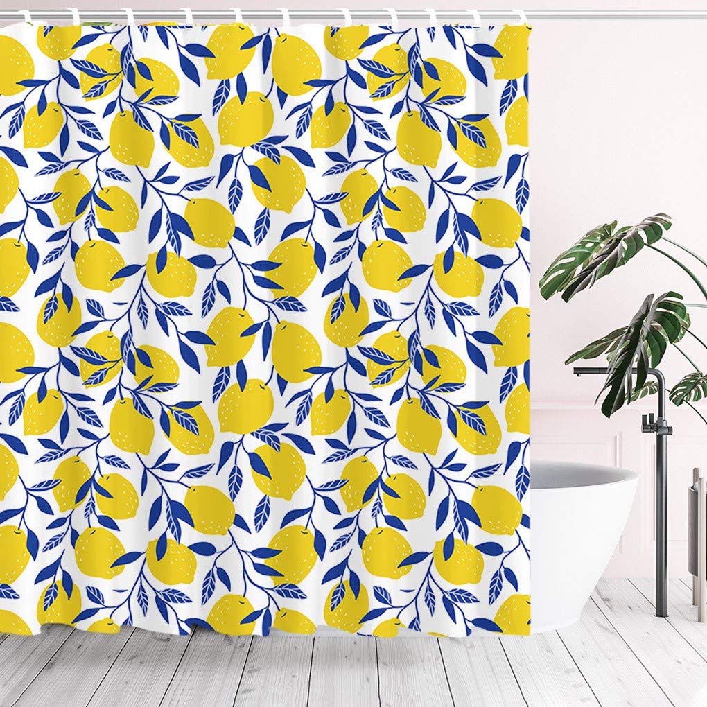 Tititex Cute Yellow Lemon 72x72 inch Shower Curtain Sets, Navy Blue Leaves Fruit Plant White Background Waterproof Polyester Fabric Bathroom Curtain