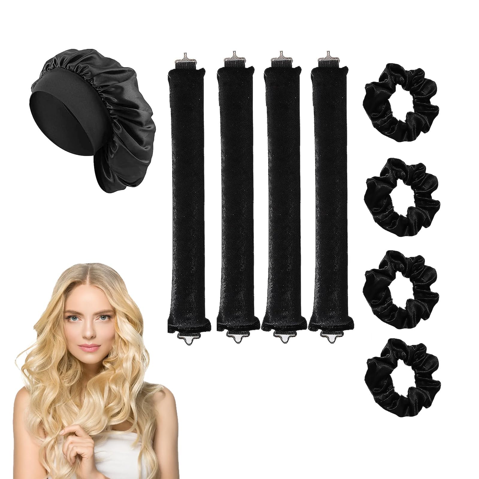 4 Pcs Blowout Rods, Heatless Curlers, Heatless Blowout Rods Heatless Curling Rod, Blow Out Rods - No Heat Curls To Sleep for Curl Rods, Women Long Hair Styling Tools for All Hair (black, Large)