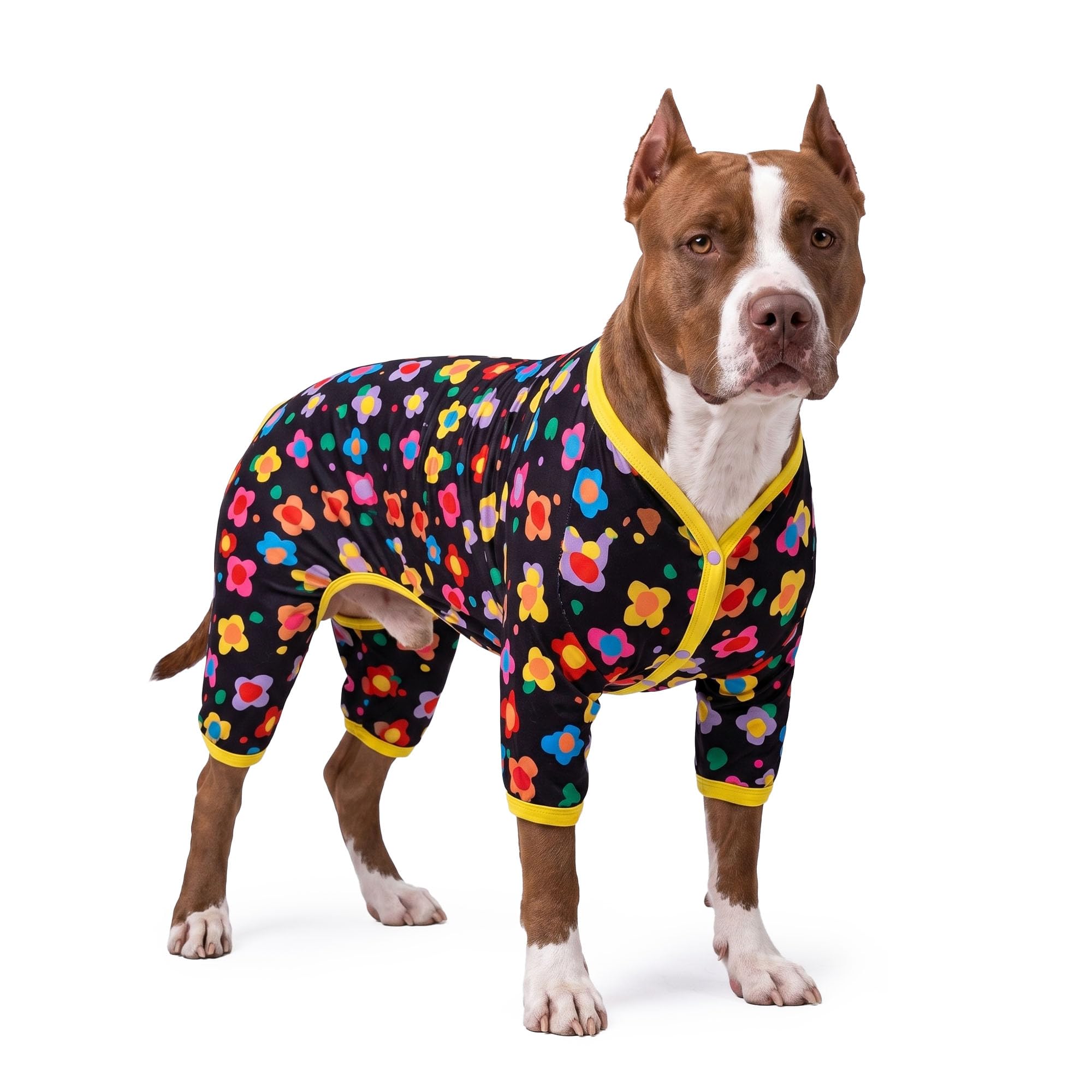 LovinPet Clothes for Labrador Pajama, Anxiety Calming Shirt,Anti Licking Dog Pajamas, Lightweight Fabric, Vintage Happy 2 Quilted Multi Print, Large Dog Pjs, Pitbull Clothes, Black Yellow 3XL — image 1