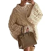 Tbahhir Women's Oversized Cable Knit Sweaters Crewneck Pullover Loose Long Sleeves Ribbed Chunky Slouchy Tunic Tops