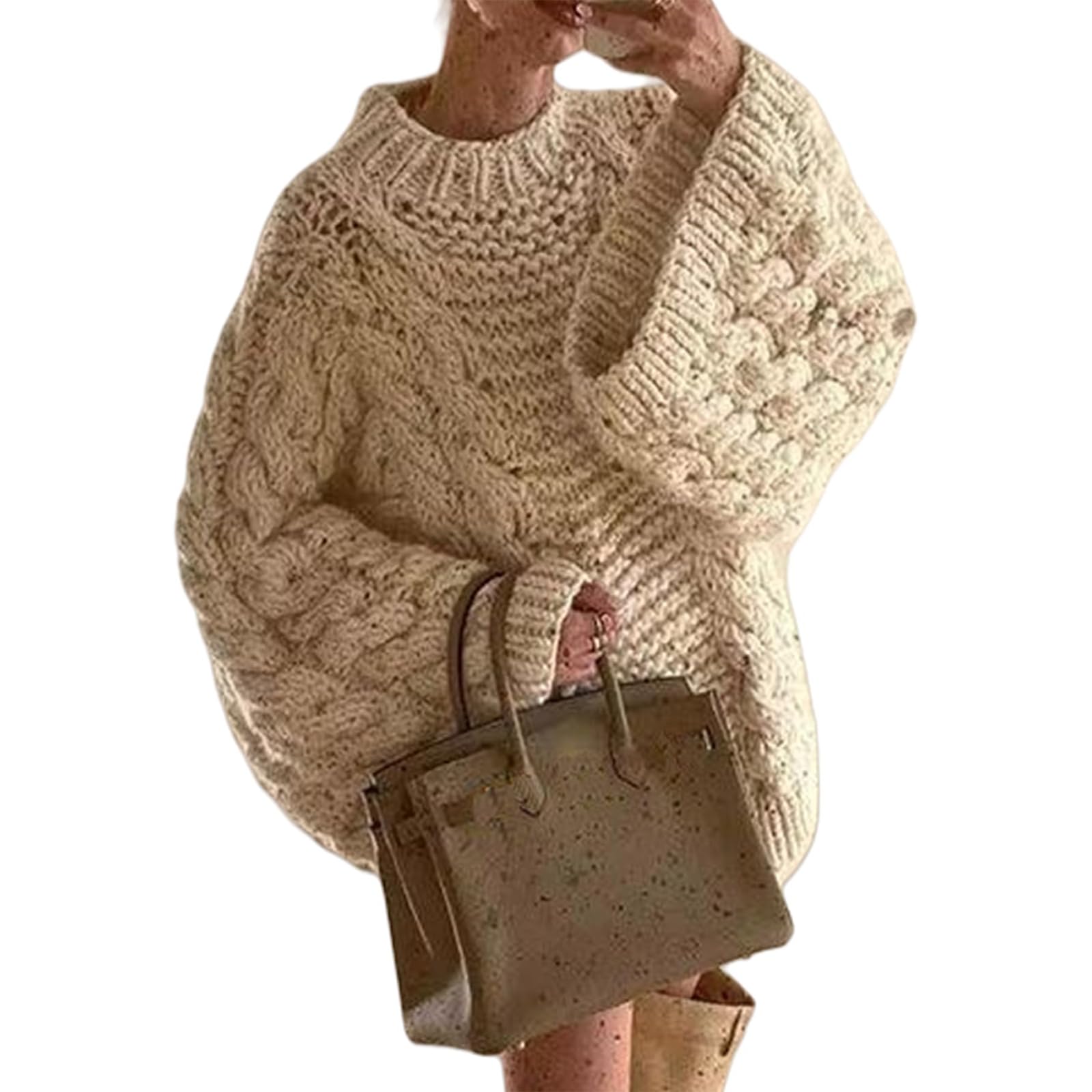Photo 1 of *** POSSIBLY RUNS SMALL *** Tbahhir Women's Oversized Cable Knit Sweaters Crewneck Pullover Loose Long Sleeves Ribbed Chunky Slouchy Tunic Tops Beige
