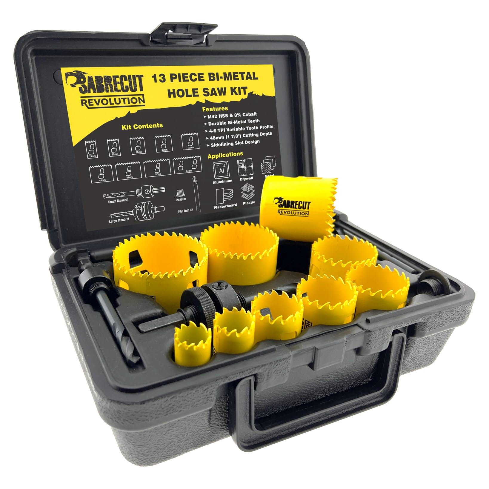 13 x SabreCut HS42MK013 19mm 22mm 29mm 35mm 38mm 44mm 51mm 57mm 64mm High Performance Bi-Metal M42 HSS Steel & Cobalt Hole Saw Kit with Mandrels, Adapter & Storage Box for Metal Plastic & Wood