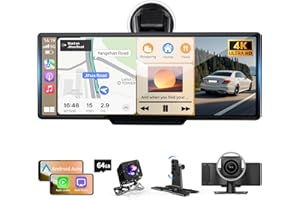 10.26" Wireless Carplay Screen, Portable 4K Car Play & Android Auto HD Touchscreen, Car Stereo with 1080P Backup Camera/G-Sen