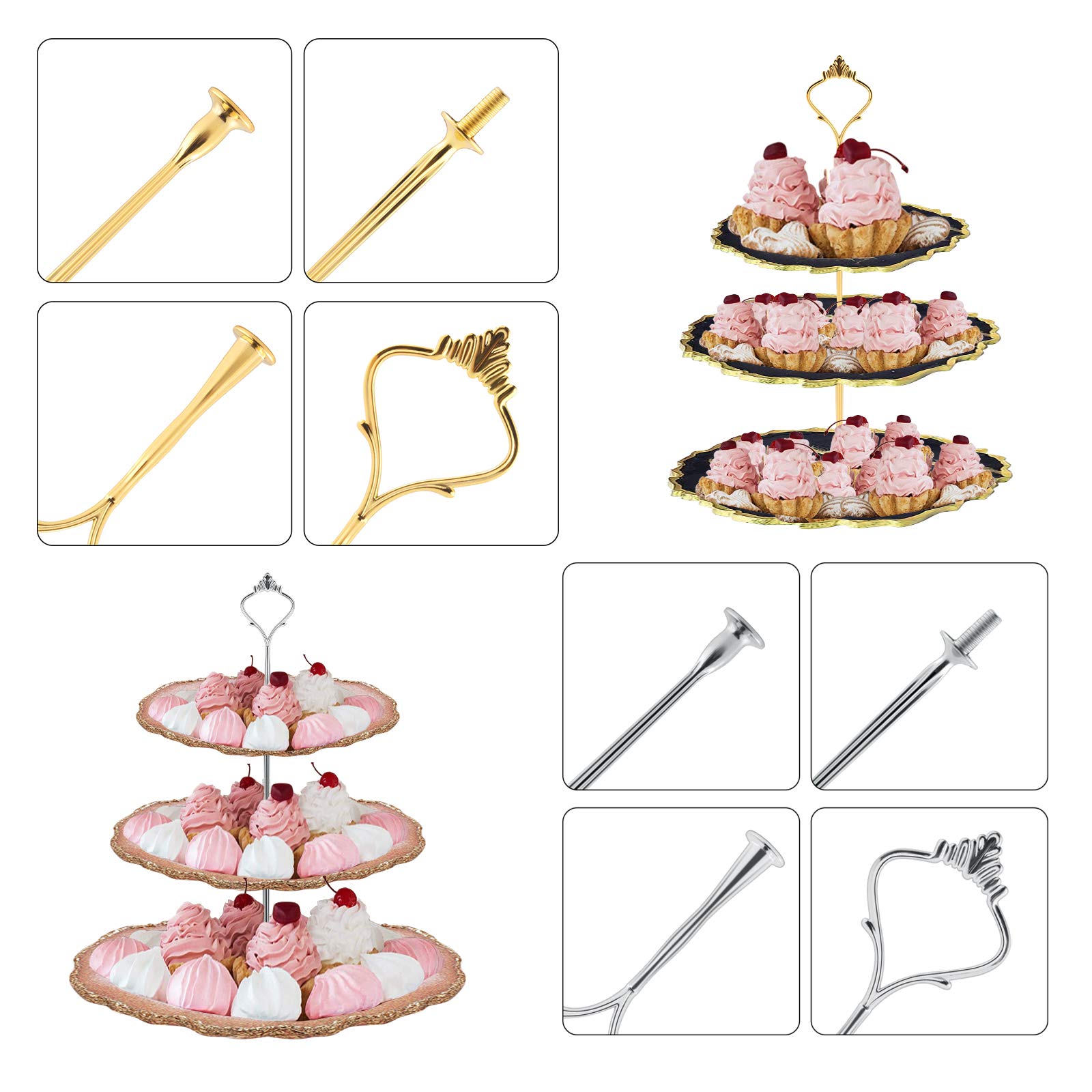 3 Tier Cake Stand Molds for Resin, Silicone Cake Resin Tray Mold, with a Set of Golden Bracket and a Set of Silver Bracket, DIY Epoxy Resin Casting Mold for Making Dessert Platter, Serving Stand