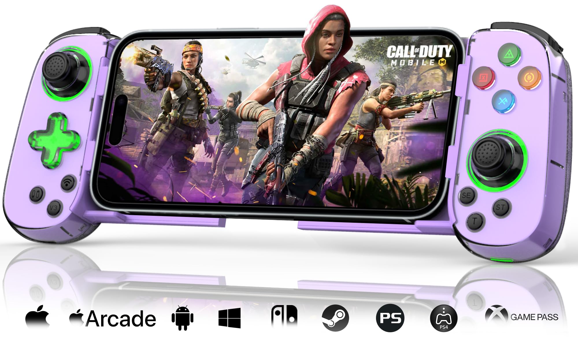 Photo 1 of Phone Game Controller for iPhone/Android/PC/Switch, Play COD, Genshin,Support Streaming on PS5/Xbox/PC Console, Cloud Gaming Wireless Gamepad Joystick, Turbo/6-Axis Gyro/Dual Motor, Green Light,Purple