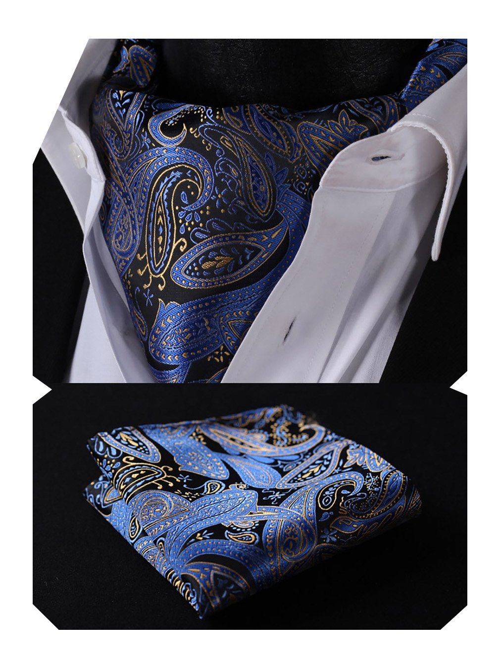 HISDERN Men's Blue Cravats Wedding Floral Ascot with Handkerchief Elegant Paisley Cravat Tie & Pocket Square Set for Business Party