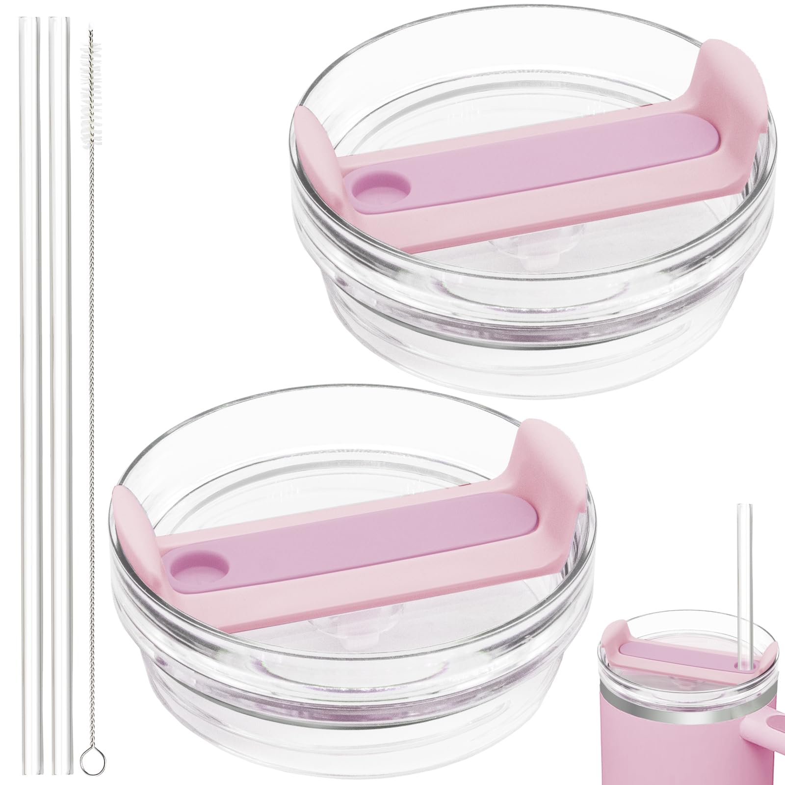 Photo 1 of 40oz Tumbler Lid Compatible for Stanley, 2 Pack Replacement Tumbler Lids Fit for Stanley Quencher 2.0 Tumbler 40 OZ, with Straws and Cleaning Brush (Light Pink)