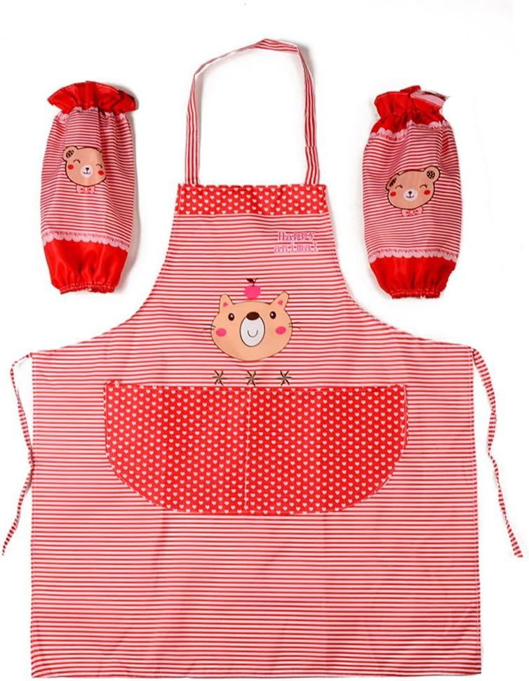 AM Tsing Korean Version of The Cartoon Bear Cuff Kitchen Aprons,Cooking or Baking Apron with Pockets,With a Pair of Sleeves(red)
