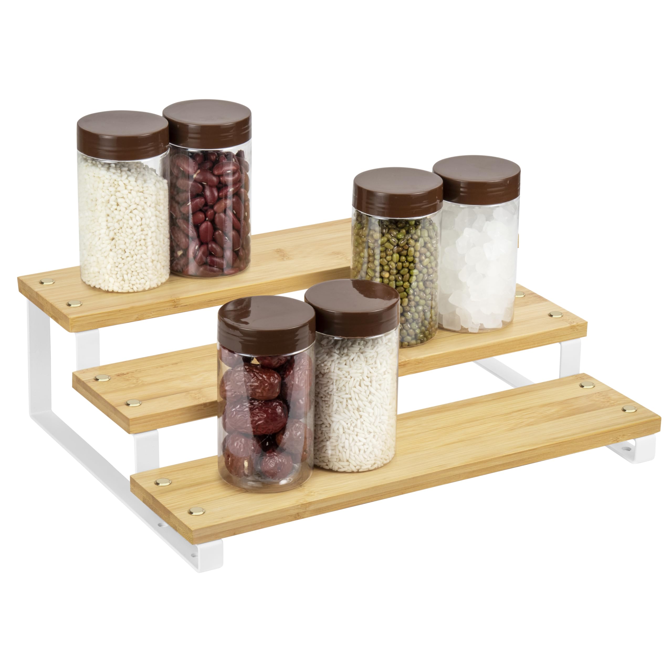QIWODE Spice Organiser, Spice Rack for Inside Cupboard, 3-Tier Tiered Step Shelf for Jars, Bottles, Cans, Great for Kitchen Cupboard, Countertop, Cabinet, Pantry, Bamboo and Metal