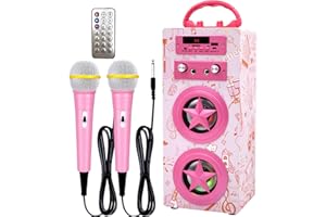 IndeCool Kids Bluetooth Karaoke Machine with 2 Microphones, Rechargeable Remote Control Wireless Karaoke Speaker Portable Karaoke Machine Music MP3 Player for Kids Adult Party Gift (Pink)