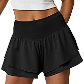 Fisoew Womens High Waisted Athletic Shorts Ruffle Tiered Running Workout Tennis Shorts with Build in Shorts