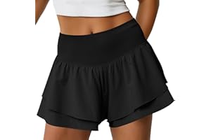 Fisoew Womens High Waisted Athletic Shorts Ruffle Tiered Running Workout Tennis Shorts with Build in Shorts