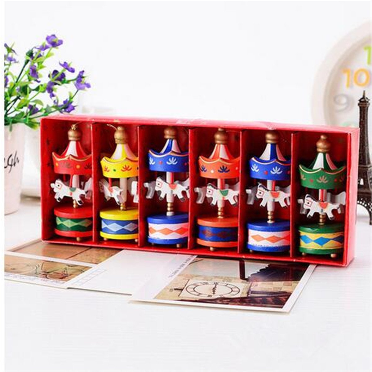 Jeteven 6er Set Geburtstagfeier Anhänger Mini Karussell Pferd Holz Basteln Valentinstag Deko für Kinder Mädchen Holzanhänger Geburtstag Geschenk Rot