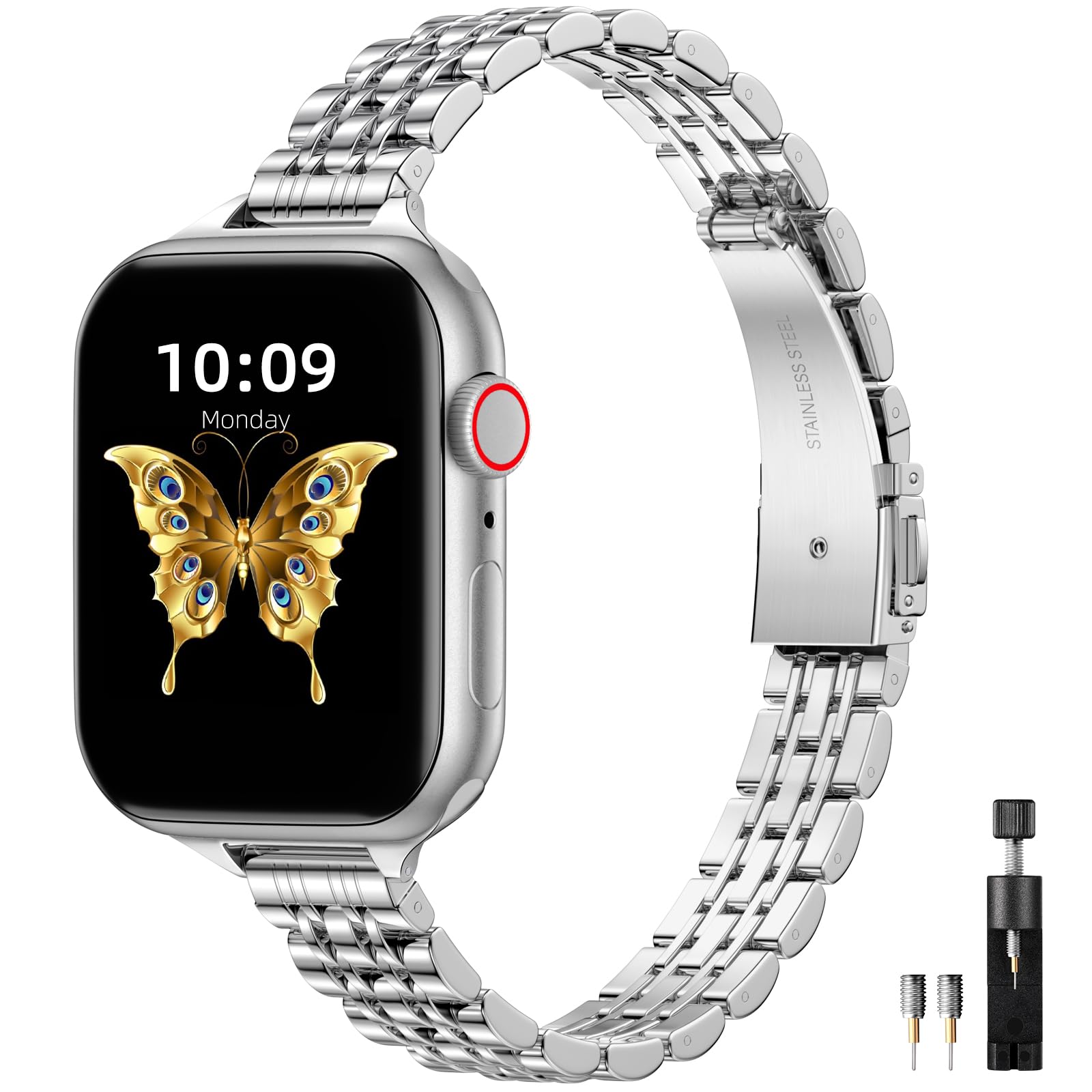 Maledan Metal Straps Compatible with Apple Watch Strap 40mm 41mm 38mm for Women/Men, Adjustable Stainless Steel Replacement Band for iWatch Series 9 8 7 6 5 4 3 2 1 SE 2/1 Ultra 2/1, Silver