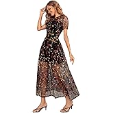 SweatyRocks Women's Sheer Mesh Embroidery Dress Floral Short Sleeve Dress A Line Long Dresses