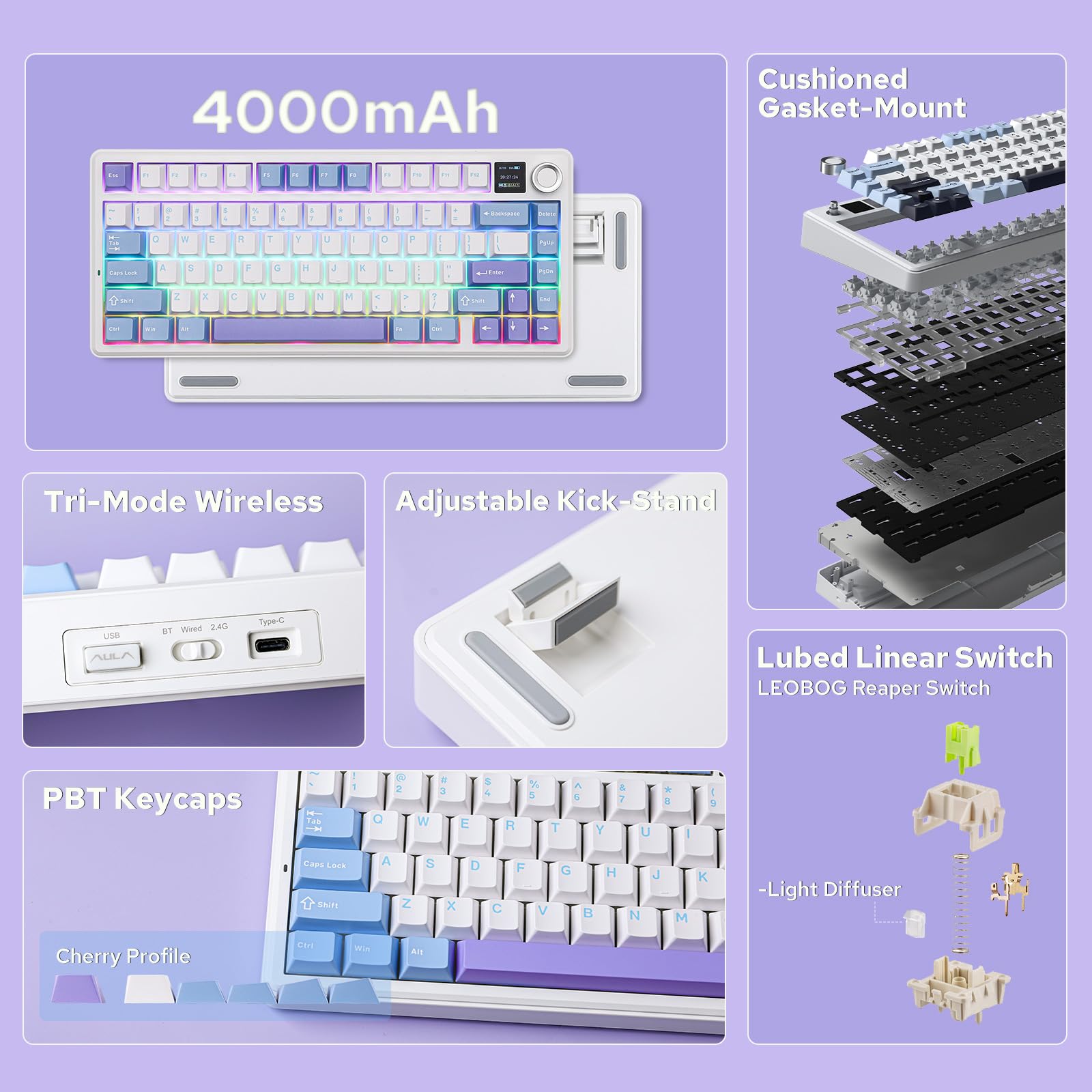 Epomaker Aula F75 Max Wireless Gaming Keyboard Showing The Gasket Mount Construction And Low-Profile Cherry Keycaps