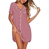 Ekouaer Nightgowns for Women Button Down Sleepshirt Short Sleeve Nightshirt Boyfriend Pajamas V Neck Nightdress S-XXXL