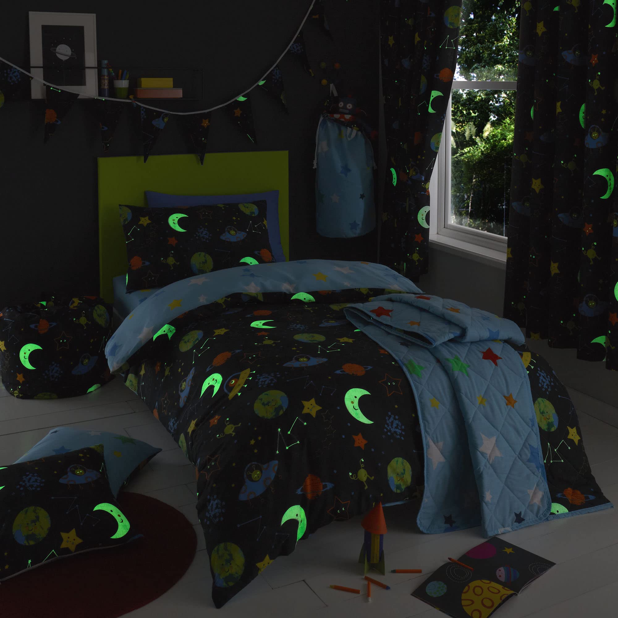 Happy Linen Company Girls Boys Kids Alien Adventure Outer Space Navy Blue Single Reversible Duvet Cover Bedding Set