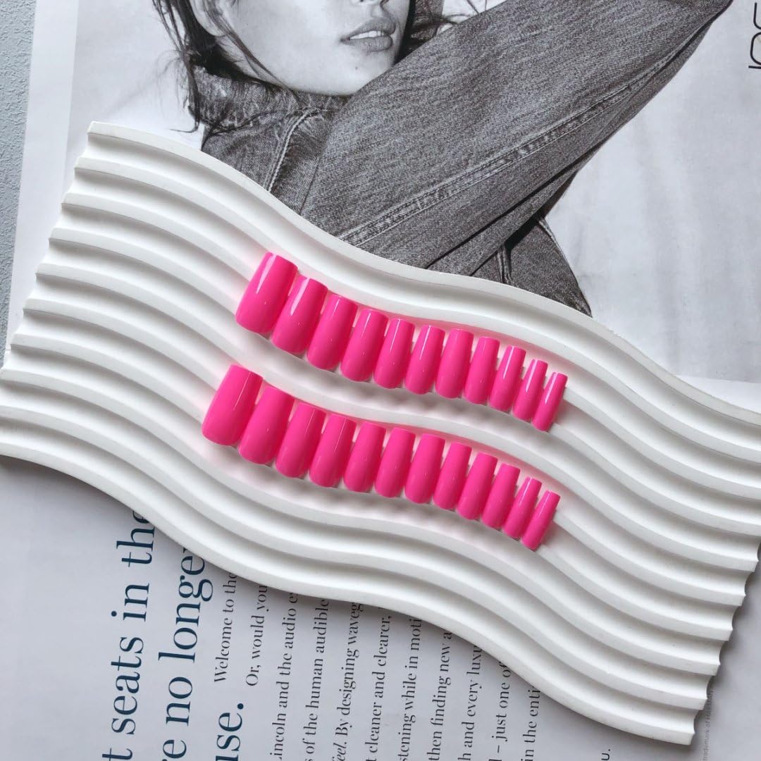 Hot Pink Press On Nails Medium Long Square, Xcreando Medium Coffin Nails Acrylic Press ons Glue on Nails Long Length, Solid Color Fake Nail for Women, Natural Thick Artificial Nail Stick on, Neon Pink - Image 3