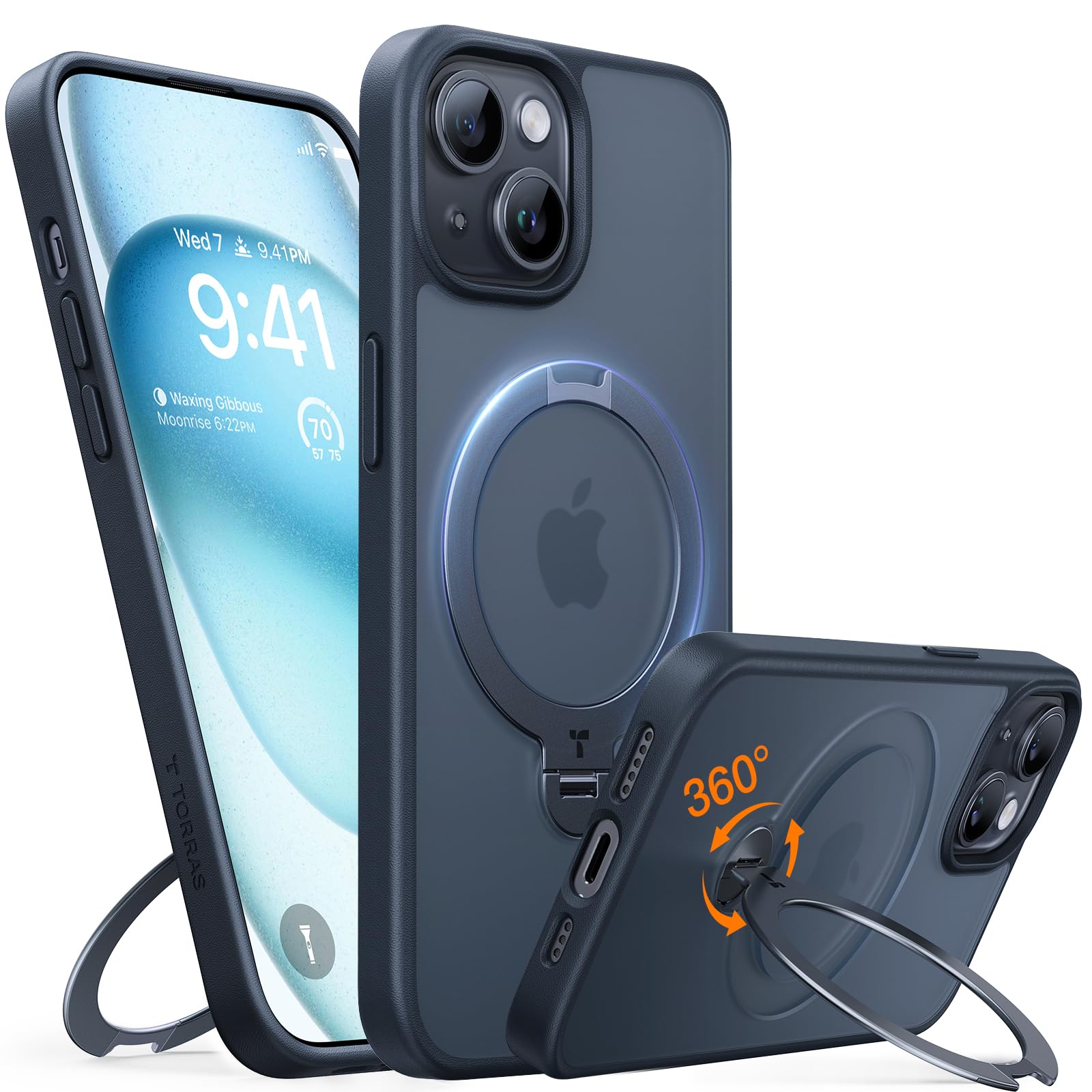 TORRAS 360° Spin Magnetic Stand for iPhone 14 Case, Compatible with Magsafe,14 FT Military Grade Shockproof Slim Protective iPhone 14 Case with Kickstand Ring Holder, Ostand Spin-Black — image 1