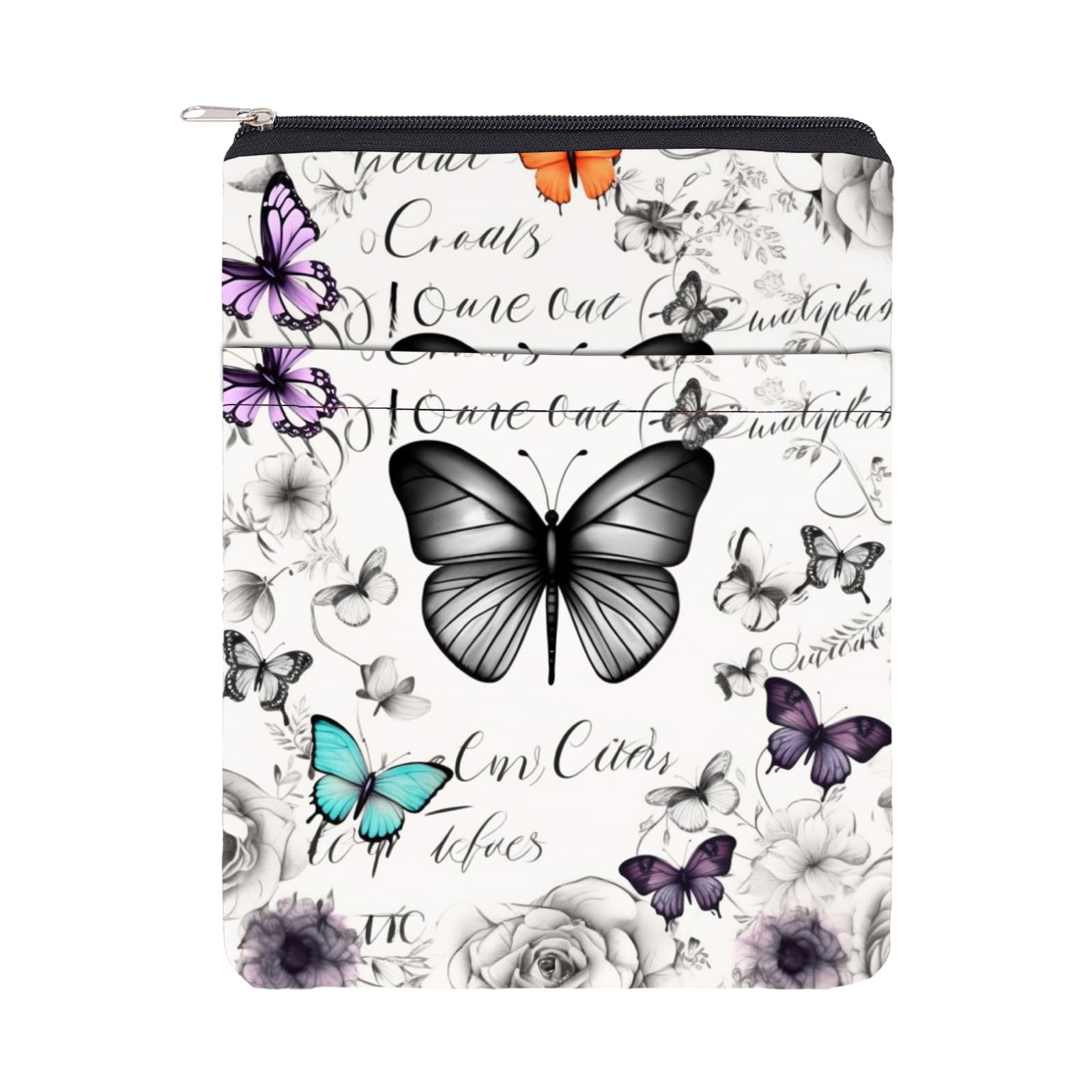 NICENEEDED Butterfly Book Protector with Zipper, Portable Pouch Waterproof Front Pocket Sleeve, Washable Carrier for Notebooks Hardcover and Paperback